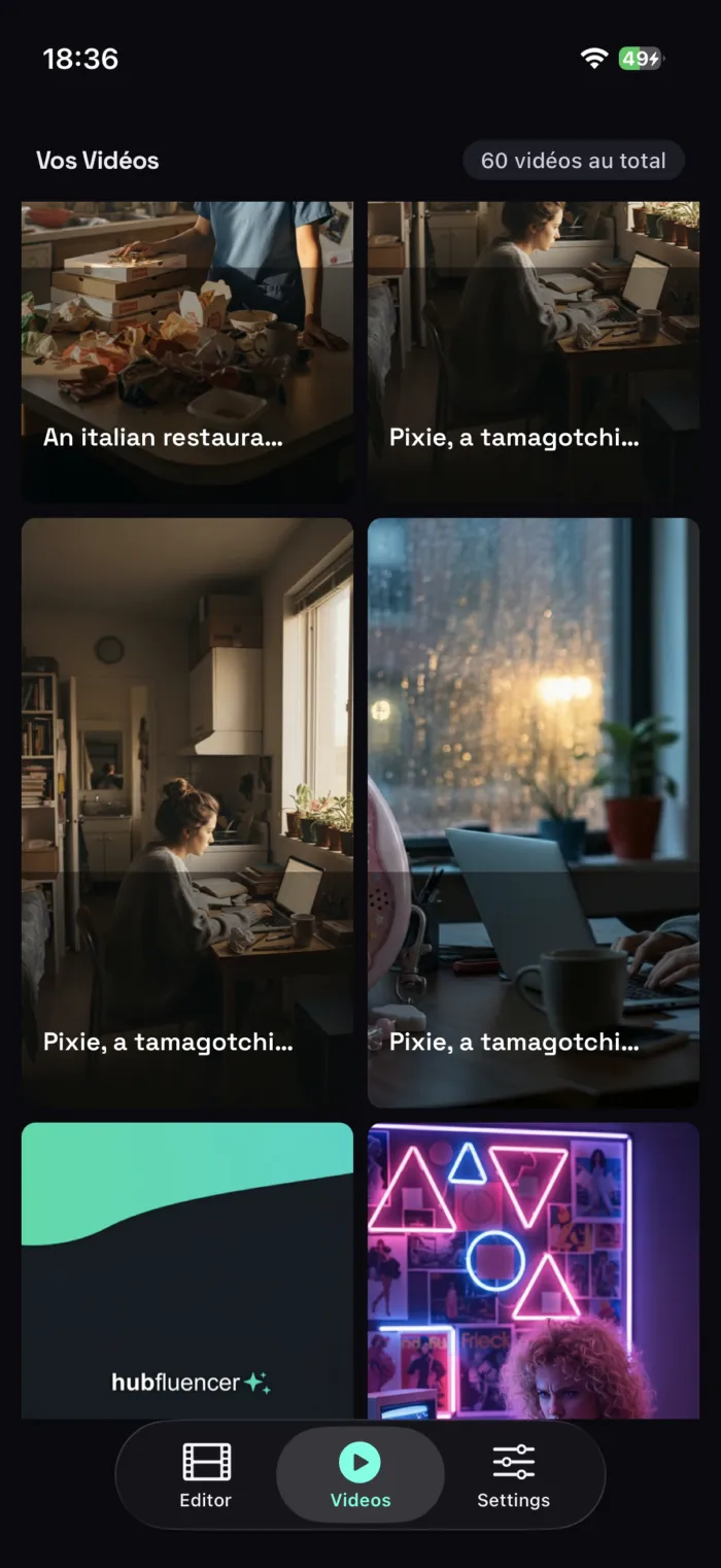 Hubfluencer mobile video library showing generated creative.