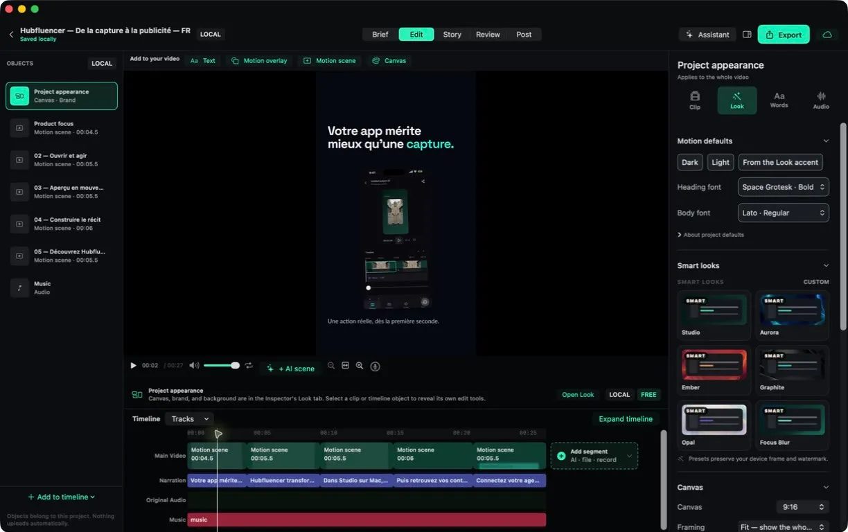 Hubfluencer Studio on macOS, showing a real app recording in a vertical ad, an editable timeline, and appearance controls.