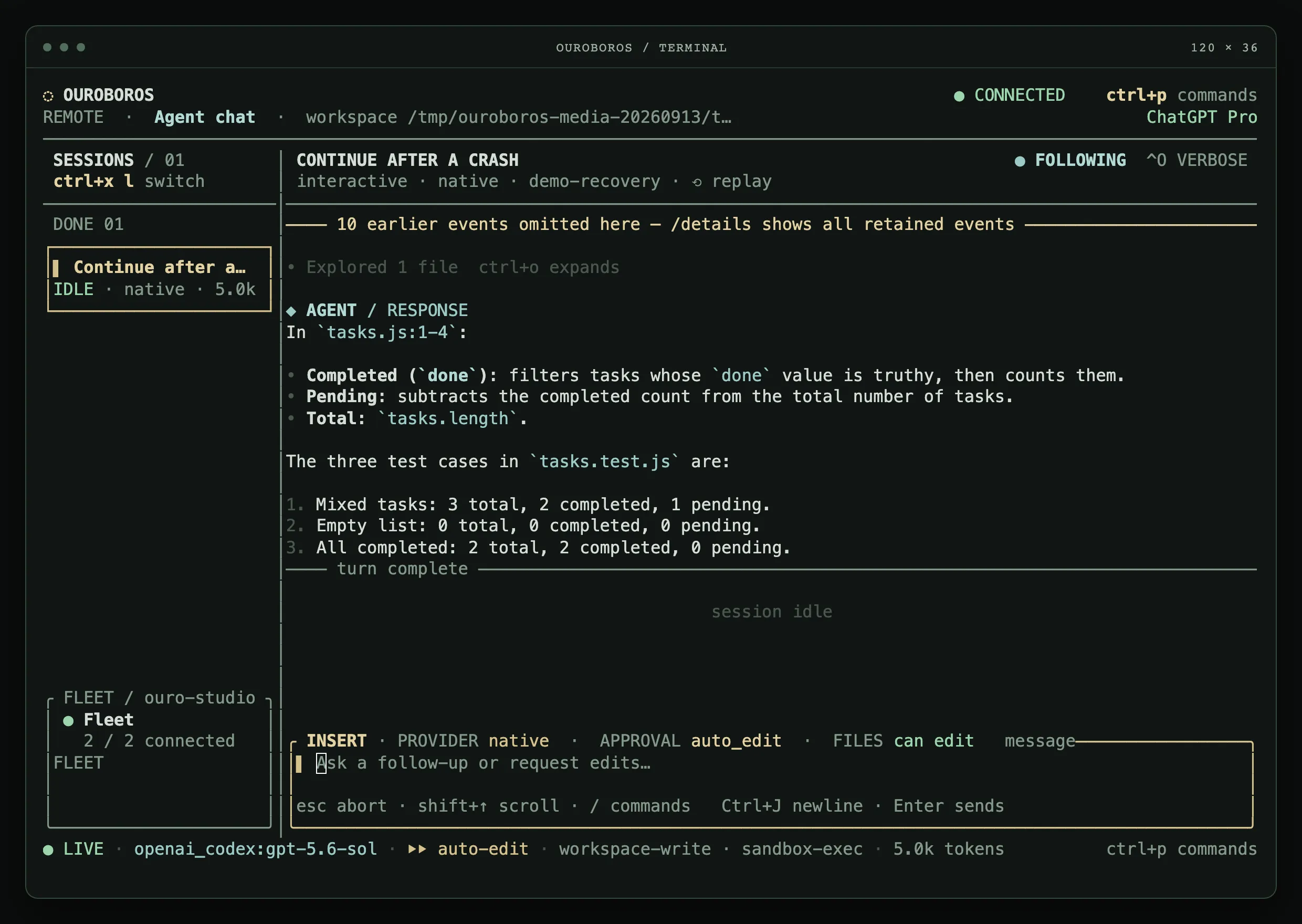 Ouroboros terminal showing a recovered coding-agent conversation, session history, and two connected fleet nodes.